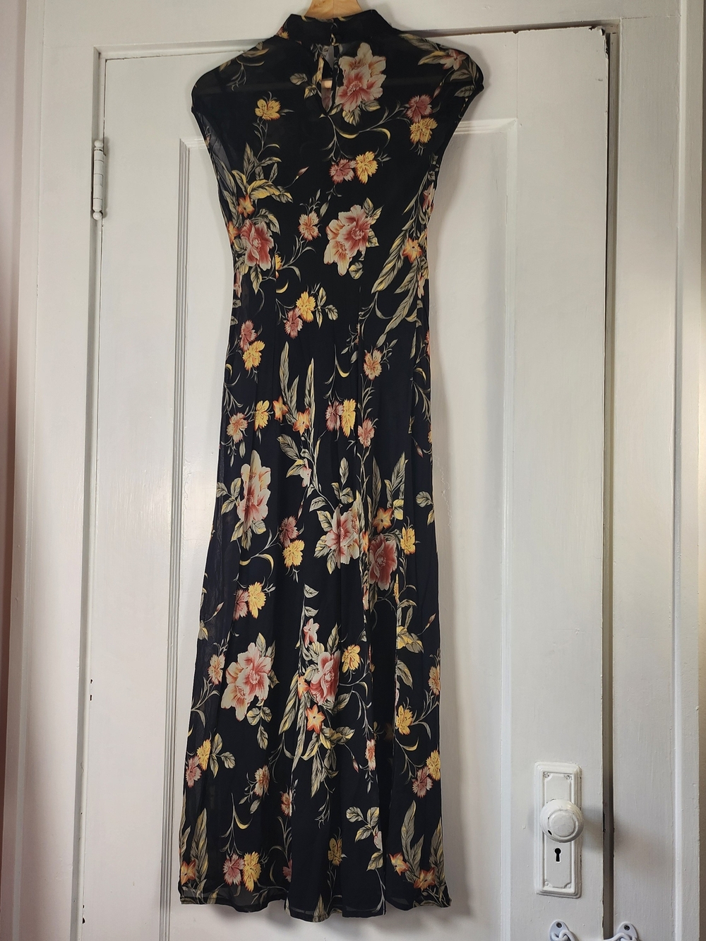 Vtg Y2K Talbots Black Floral Maxi Dress with Mandarin Collar - Picture 4 of 8